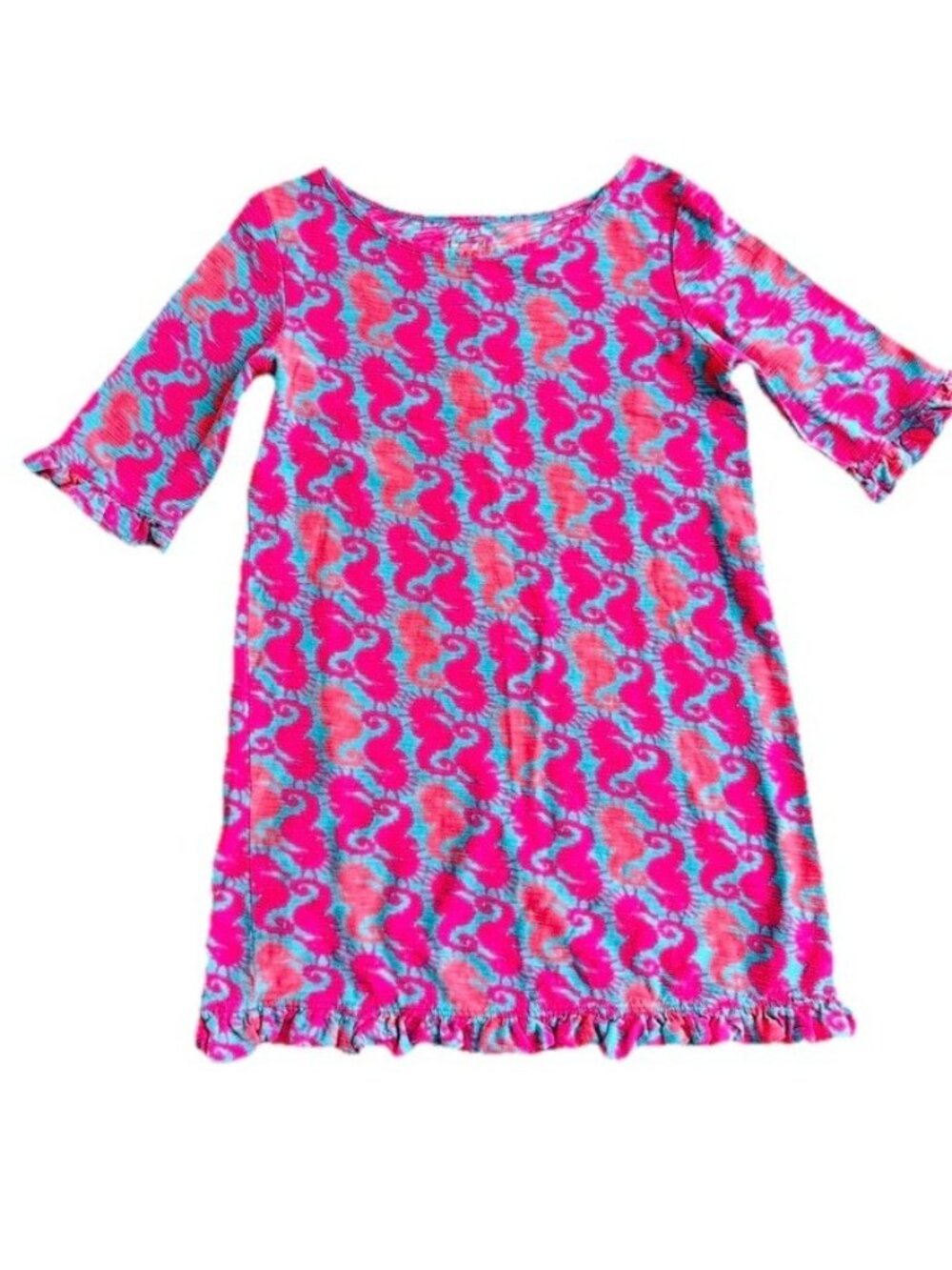 Lilly Pulitzer Seahorse Girls Dress Blue and Pink Girls Size 6- 7 Cotton